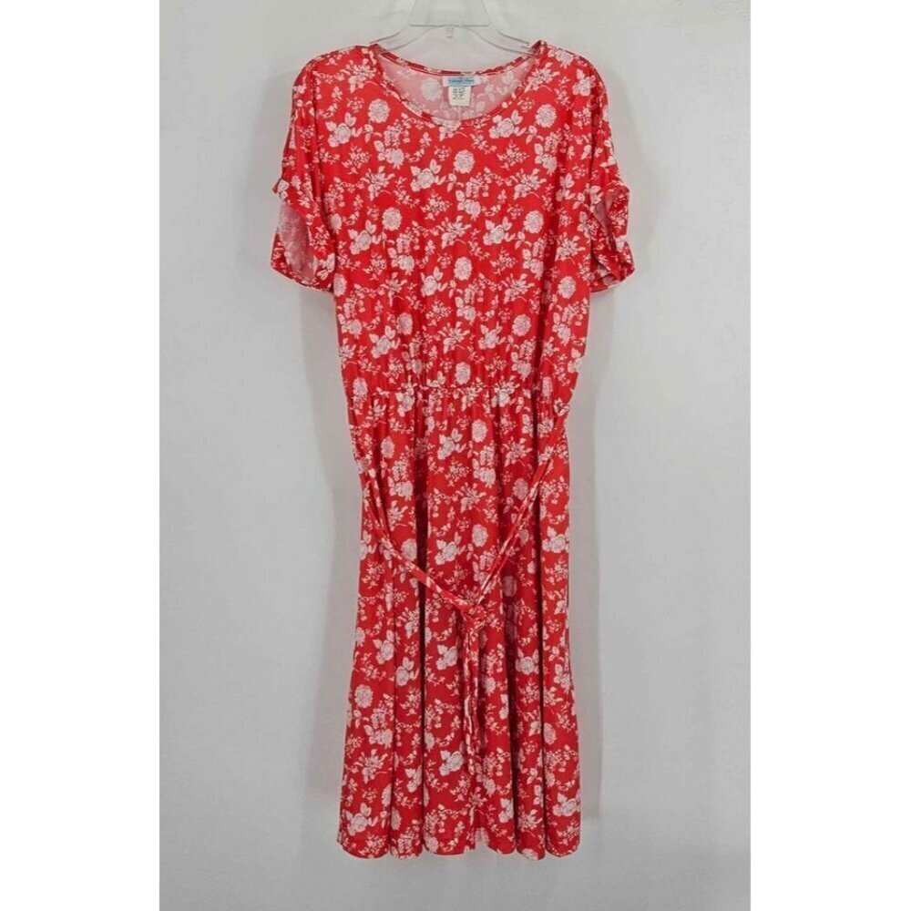 Village Fair Womens Sz 22 Floral Cuffed Short Sleeve Belted Stretch Vtg Dress